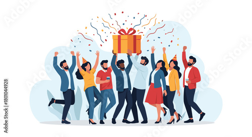 Diverse group of joyful people celebrating a special occasion with a large gift box and falling confetti.