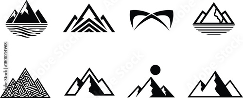 Stylized Geometric Mountain Silhouette Icons Set for Outdoor Adventure, Travel, Nature Branding, and Exploration Logos Vector.