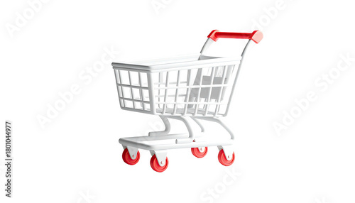 Shopping cart, white plastic, red handle and wheels, angled view