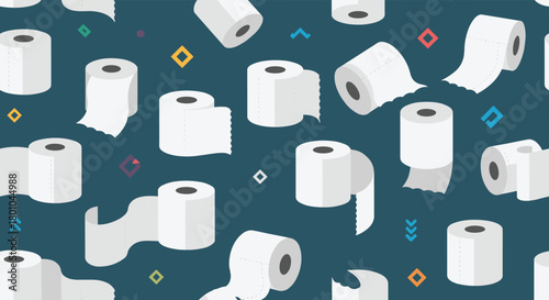 Seamless pattern of white toilet paper rolls in various orientations on a dark teal background with scattered colorful geometric shapes.