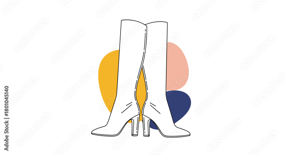 Obraz premium Elegant illustration of white high-heeled boots, crossed at the front, set against abstract yellow, pink, and navy blue organic shapes.