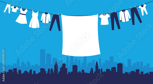 Freshly laundered clothes hanging on a clothesline above an urban city skyline against a clear blue sky.