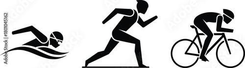 Triathlon Sports Icons Set: Swimming, Running, and Cycling Silhouettes for Endurance and Fitness Vector Illustration.