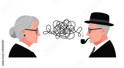 An elderly couple faces each other, their communication symbolized by a tangled, knotted line, representing misunderstanding or complex thoughts in their relationship.