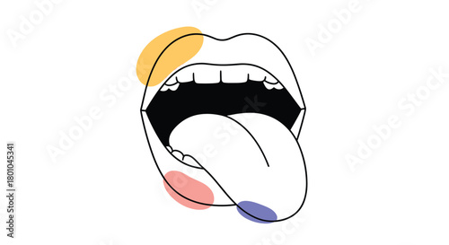 A minimalist line art illustration featuring an open mouth with a playful tongue extended, complemented by vibrant abstract shapes.