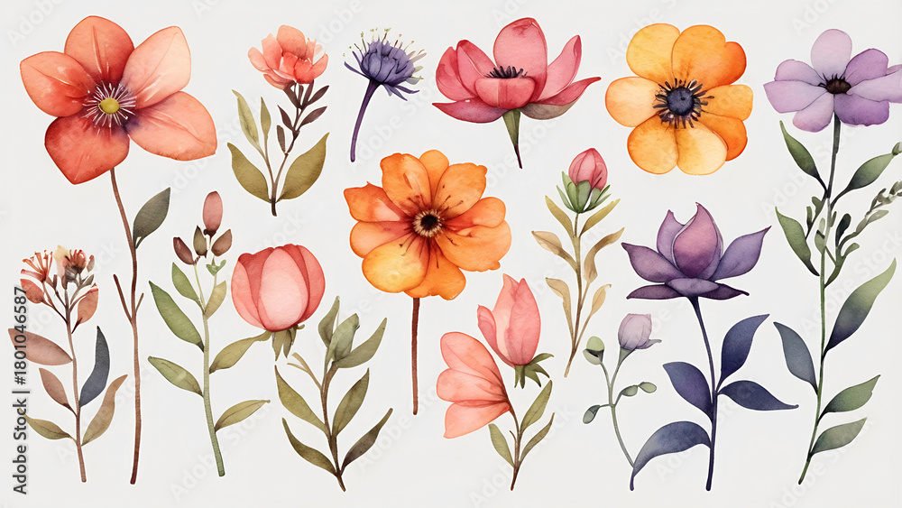 Obraz premium Collection of various watercolor flowers and floral elements, vibrant and delicate botanical illustrations