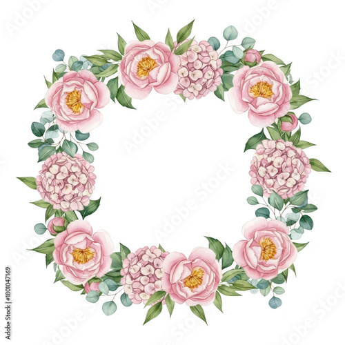 Pink peonies and hydrangeas floral wreath isolated on transparent background