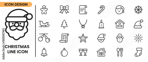 Christmas line icon collection. Thin outline icons pack. santa head, sleigh, santa hat, Snowflake, Candle, Bauble, Ornament, Christmas Tree, Elf Face, Wine Glasses, and more - stock vector.