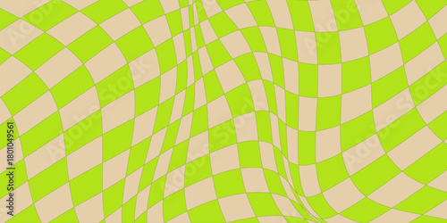 Groovy psychedelic wavy chessboard seamless pattern. Hippie twisted gingham checkerboard background.