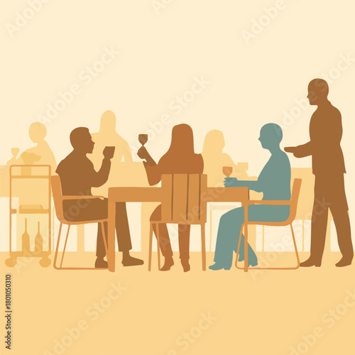 Elegant Silhouette Dining Group with Waiter Vector Illustration