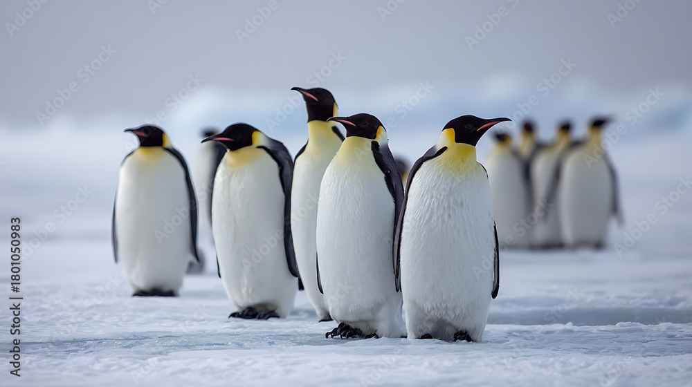 Fototapeta premium A group of emperor penguins stand together on the icy terrain of antarctica, their distinctive yellow markings visible against their black and white plumage, in a natural, cold environment