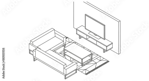 Isometric living room furniture illustration with sofa table tv and carpet