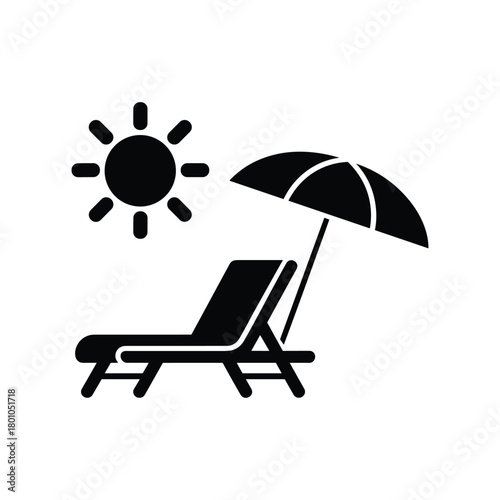 Beach vacation icon with sun, lounge chair and umbrella, simple black and white summer holiday symbol