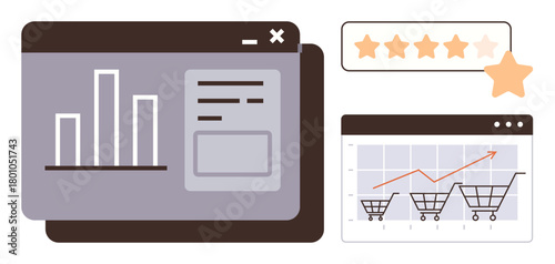 Bar chart, line graph with shopping carts, and 5-star rating icon represent performance, trends, and customer feedback. Ideal for analytics, ecommerce, business, performance tracking decision