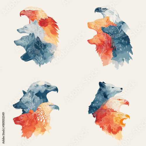 Watercolor double exposure animal portraits blending eagles wolves and bears in warm and cool tones. Ideal for spiritual art nature themes wildlife symbolism and creative decorative projects.