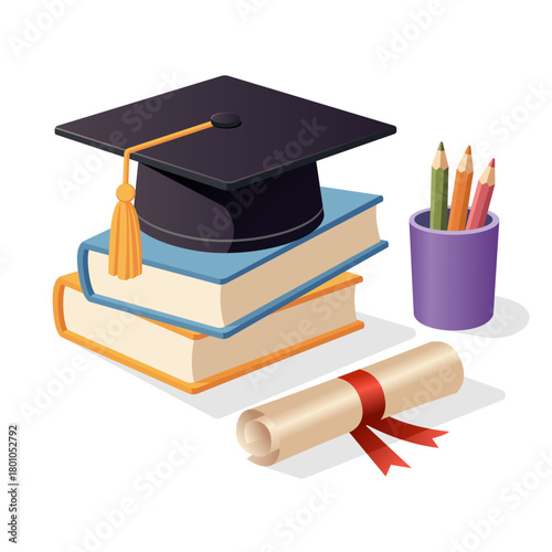 Graduation vector banner image consisting of a graduation cap or toga, graduation diploma, book and stationery