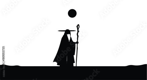 Mysterious hooded figure with staff stands under a dark sun, evoking fantasy and magic