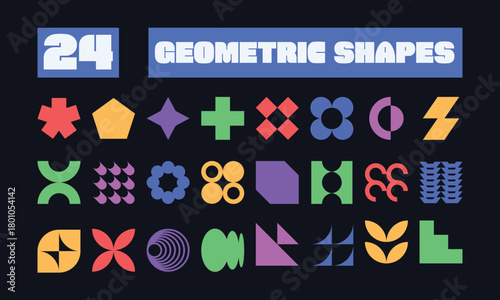 Colorful abstract geometric icon set with bold playful shapes in mixed retro memphis brutalist style blended with modern y2k vibe shown as smooth vector elements
