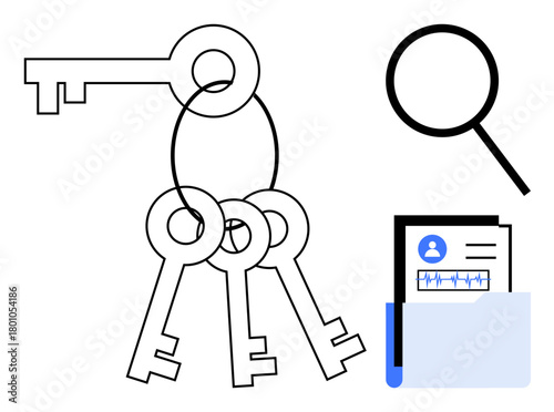Set of three keys on a ring, magnifying glass, and user profile in folder. Ideal for security, access, search, data protection, identity privacy investigation. Simple flat metaphor