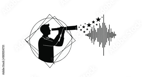 Man gazing through telescope to discover new ideas, dreams, and inspiration represented by stars and sound waves.