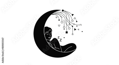 Person sleeping peacefully on a crescent moon, embraced by digital dreamscapes.