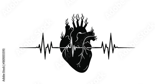 Anatomical heart with a pulsating electrocardiogram line, symbolizing life and health