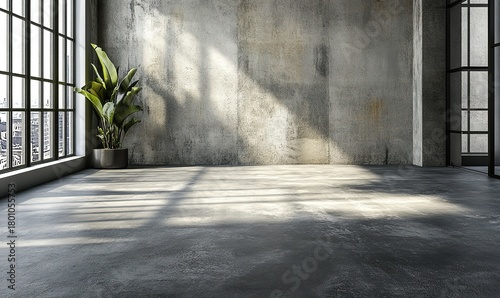 Empty modern industrial loft with concrete wall and plant