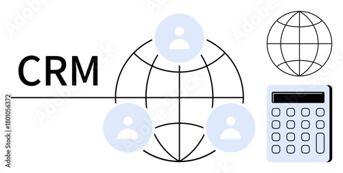 CRM text, globe with user avatars linked in network, calculator icon. Ideal for management, customer relationship, data analysis, global business, finance technology teamwork. Simple flat metaphor