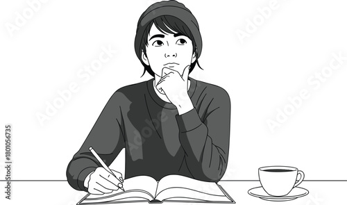 Studying person illustration, writing in notebook, coffee cup, deep thought, black and white, creative moment, learning, pencil, beanie, desk