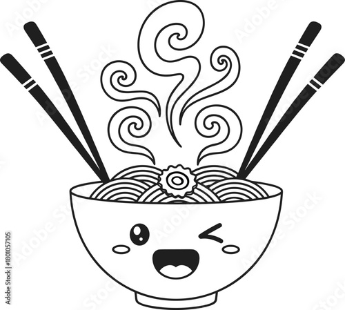 Cute noodle bowl, cartoon ramen, kawaii food, winking face, steam swirl, chopsticks, Asian cuisine, black and white, playful design