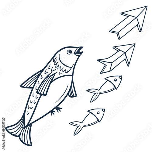 Fish swimming upstream against the current, isolated on