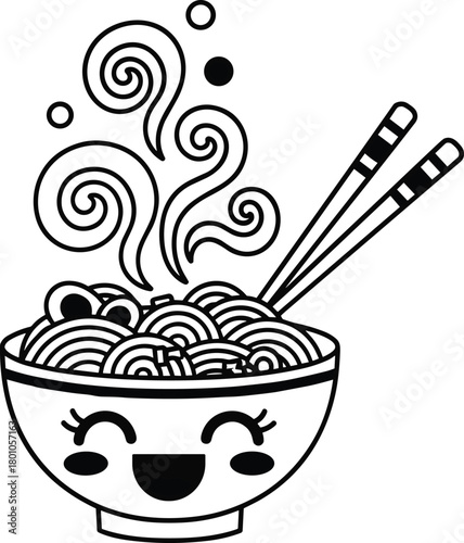 Cute noodle bowl, cartoon food, smiling ramen, hot soup, chopsticks, steam swirl, kawaii illustration, Asian cuisine, playful design