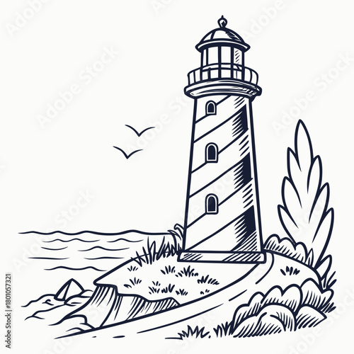 Hand drawn lighthouse on the coast isolated on