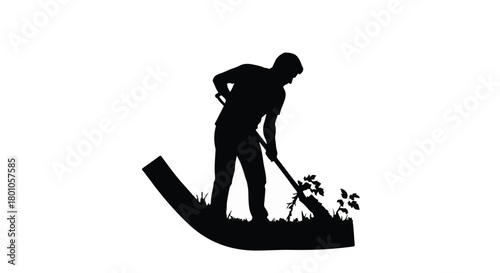 Silhouette of a gardener digging in the soil with a shovel, tending to small plants outdoors.