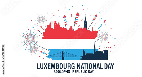 Luxembourg National Day Celebration Fireworks, Skyline, and Patriotic Colors in Vector Art