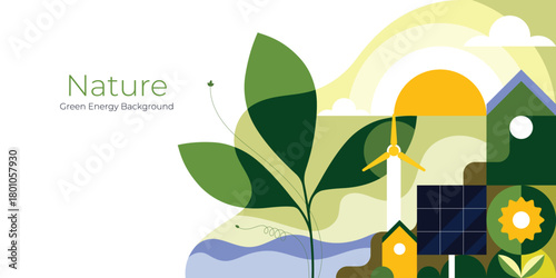 Sustainable Environment Abstract Background with Green Energy, Renewable Power, Solar and Wind Energy, Eco-Friendly Lifestyle and Zero-Waste Concept