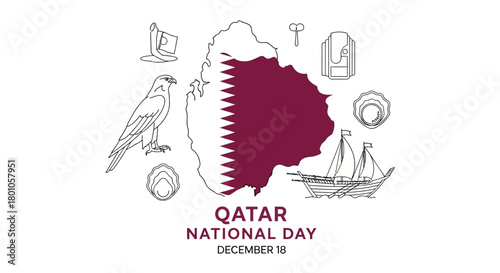 Qatar National Day greeting card design with a country map and traditional cultural line art symbols