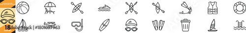 Minimalist line art icons depicting diverse water sports, summer beach activities, and aquatic leisure equipment. Vector