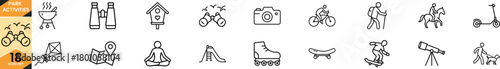 Collection of line icons for park and outdoor activities including barbecue, birdwatching, cycling, hiking, skateboarding, and more Vector