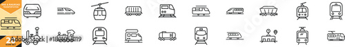 Train and railway transportation line icons set featuring various modern and classic rail vehicles, perfect for web and app design. Vector