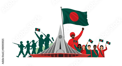 National Martyrs' Memorial Monument with Bangladeshi Flag and Patriotic Symbols