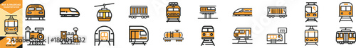 Diverse collection of modern rail and railroad transportation vector icons for various design applications. Vector