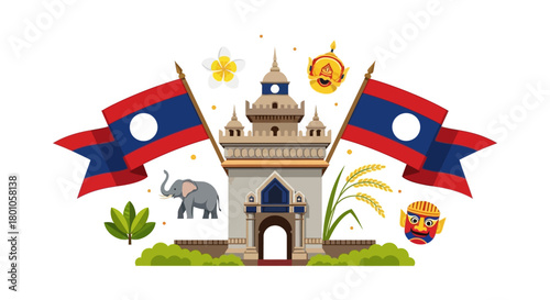 Vibrant Laotian Culture Illustration Featuring Patuxay Monument, National Flags, Elephant, and Traditional Symbols for Travel and Heritage