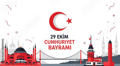 Vibrant Turkish Republic Day Celebration Banner with Istanbul Landmarks and National Symbols Vector Illustration