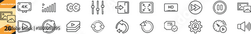 Video player user interface line icons set with playback controls, quality settings, and display options Vector