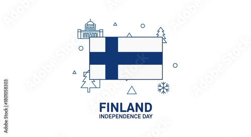 Finland Independence Day celebration with flag and city landmarks illustration