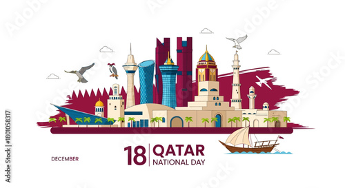 Vibrant vector illustration of Doha's skyline with iconic landmarks and cultural symbols celebrating Qatar National Day