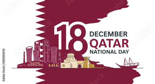 Vector illustration celebrating Qatar National Day on December 18 with cultural icons and modern architecture inside the country's map