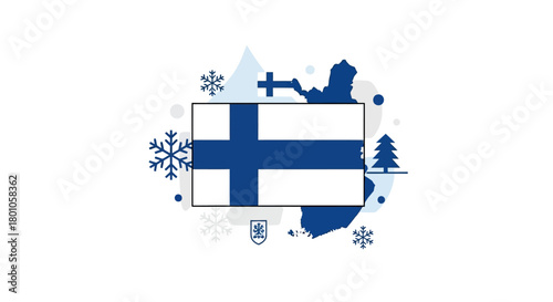 Finland's flag and map amidst winter elements, representing travel and cold climates