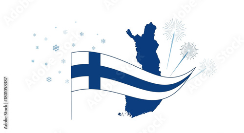 Vector illustration of the Finnish flag waving over a map of Finland with festive fireworks and winter snowflakes